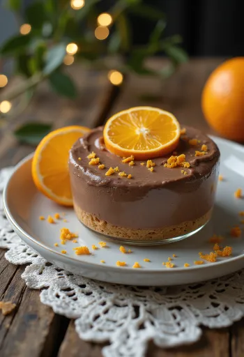 Chokolade-appelsinmousse kage serveret i skiver