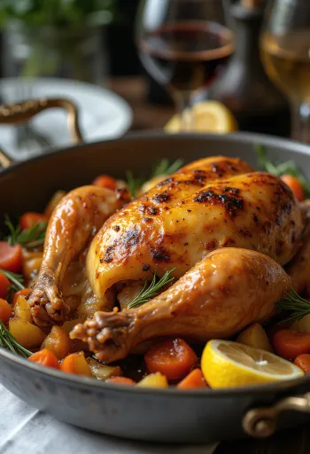 Stegt perlehøne serveret med ristede grøntsager