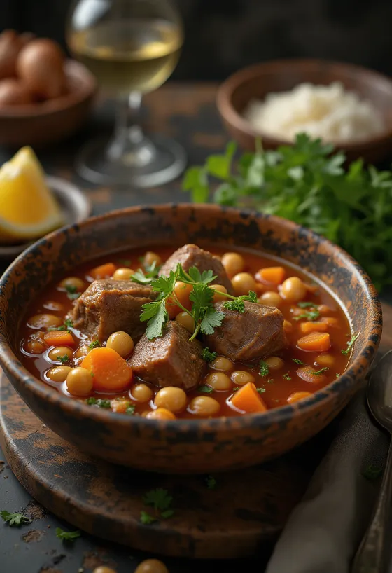 Harira med lammekød, rig krydret suppe serveret med frisk koriander