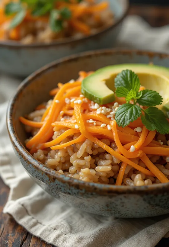 Appelsin Buddha Bowl med friske grøntsager og brune ris
