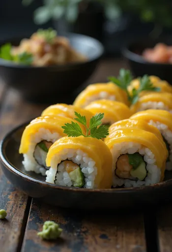 Oshizushi med tamago, sushiris og æggekage, serveret i en skål