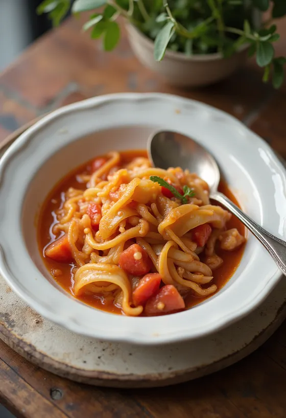 Kål i tomatsauce serveret med frisk dild og saftige kødboller.