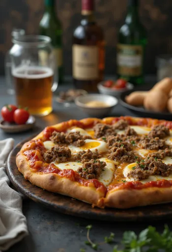 Mongolsk pizza serveret med lammekød og krydderier