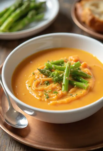 Gulerods-aspargescremesuppe serveret i hvid skål