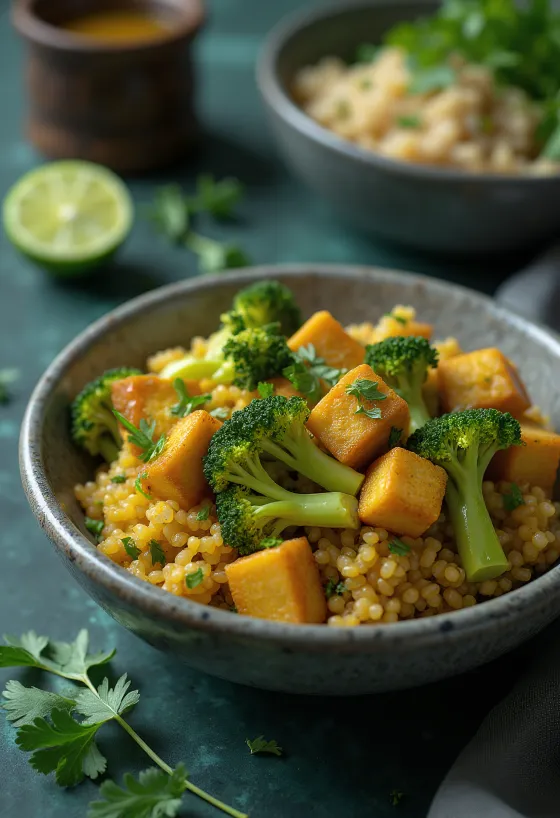 Serveret broccoli-quinoa karry Buddha bowl med lime-tofu