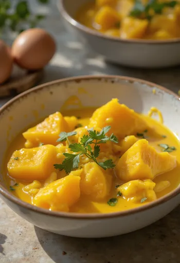 Auberginecurry med sød kartoffel serveret