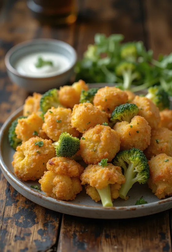 Sprød paneret broccoli stegt gyldenbrun, serveret på en tallerken med friske citronskiver.