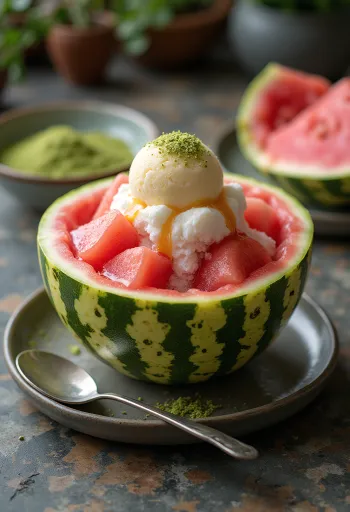 Subak Bingsu serveret frisk med vandmelon og mandler