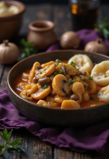 Svampepaprikash med creme fraiche, serveret frisk med bløde 'galuska' (små boller/dumplings)