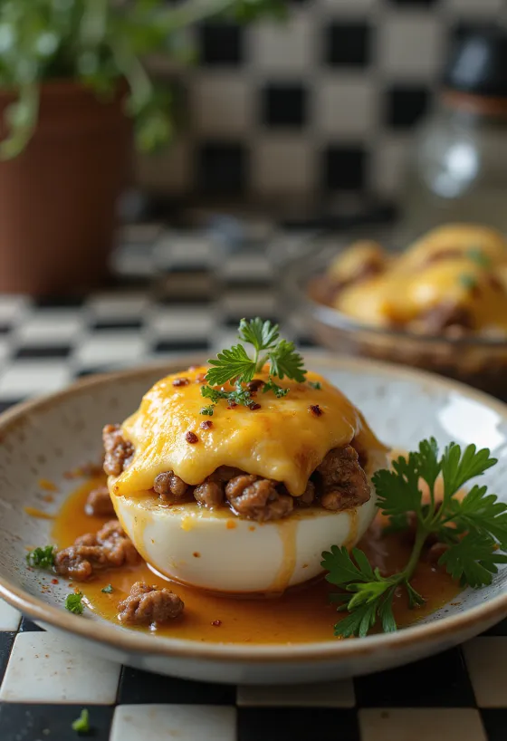 Fyldte auberginer med sprød ost på toppen, drysset med friske krydderurter