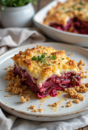 Vegansk aubergine-moussaka med rødbede