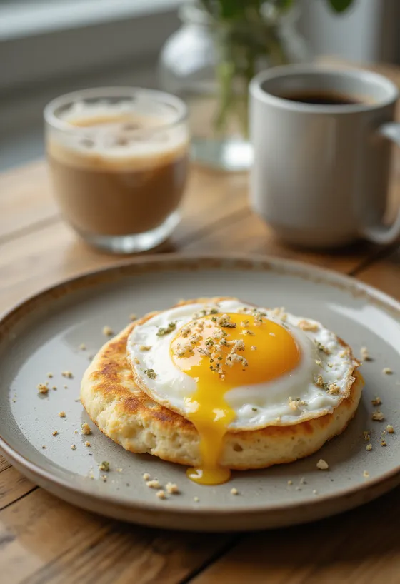 Crumpets med æg, gyldenbrune, bløde kager