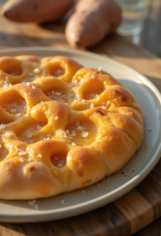 Sødkartoffel-focaccia serveret