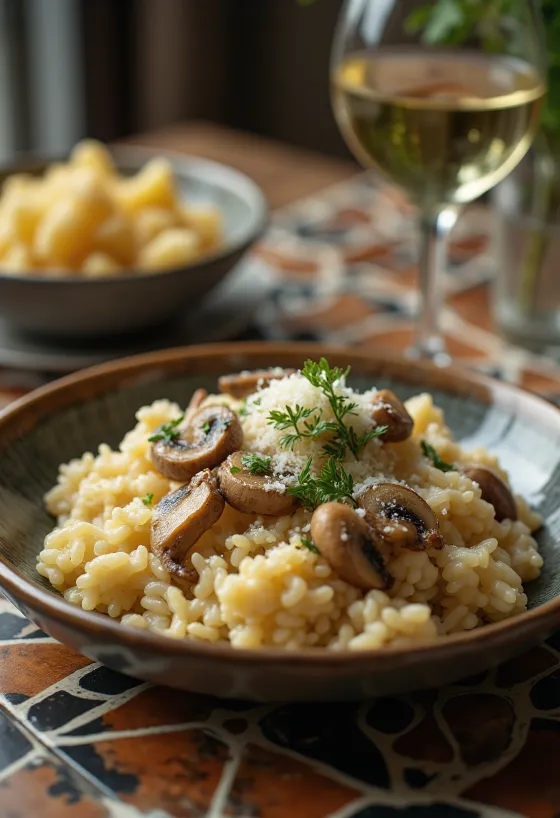 Svamperisotto serveret med friske krydderurter og parmesanost