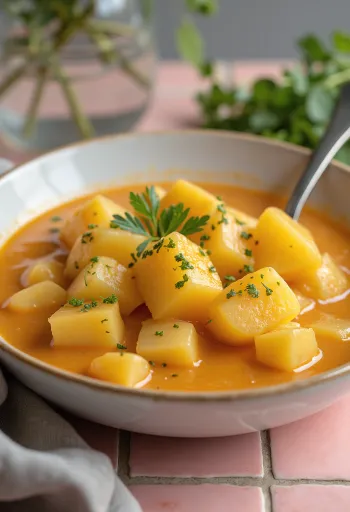 Klassisk kartoffelstuvning med creme fraiche-jævning og pyntet med frisk persille.