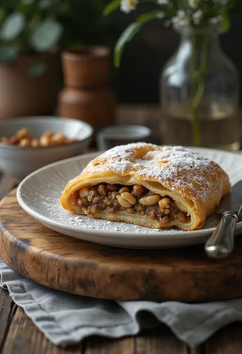 Strudel med birkes og valnødder serveret