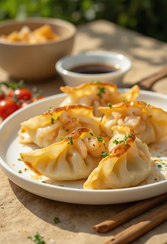 Seafood Gyoza serveret med skaldyrsfyld og sojasauce-dip