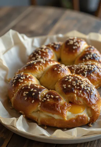 Bagte kringler med aubergine serveret