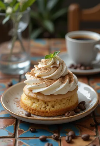 Tres leches med kaffe, mælkevædet lagkagebund på en hvid tallerken