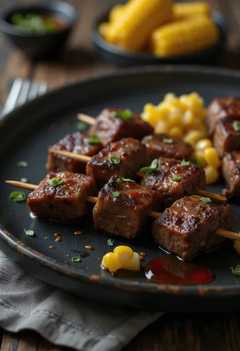 Anticuchos peruvianske oksehjertespydd serveret