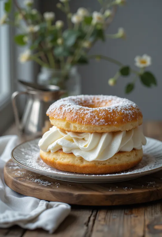 Donut med fløde serveret med flormelis