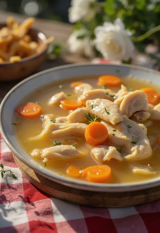 Varm kyllingesuppe med grøntsager og suppnudler