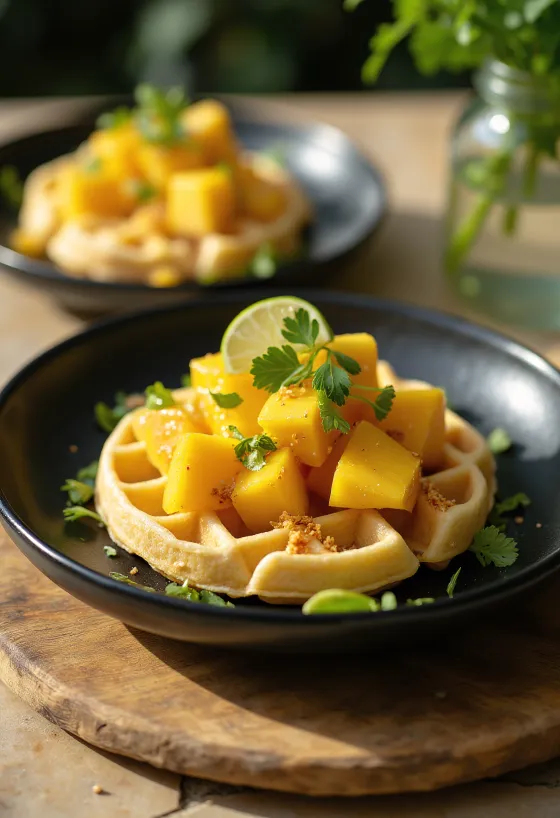Fusionsvaffel serveret med kokosmælk, revet ost, mango og chiliflager