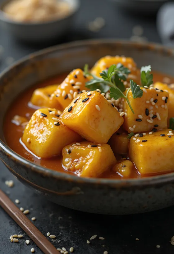 Auberginegryde med sesam serveret