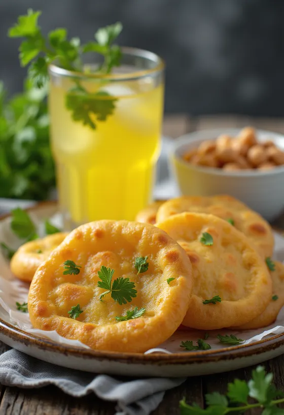 Pani puri med ananasvand, serveret med frisk koriander og mynte