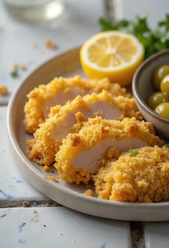 Paneret kotelet stegt gyldenbrun, serveret med sprød panering og friske citronskiver