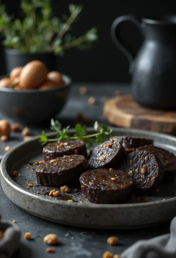 Drisheen, rig sort budding med kødfyld, friske krydderier