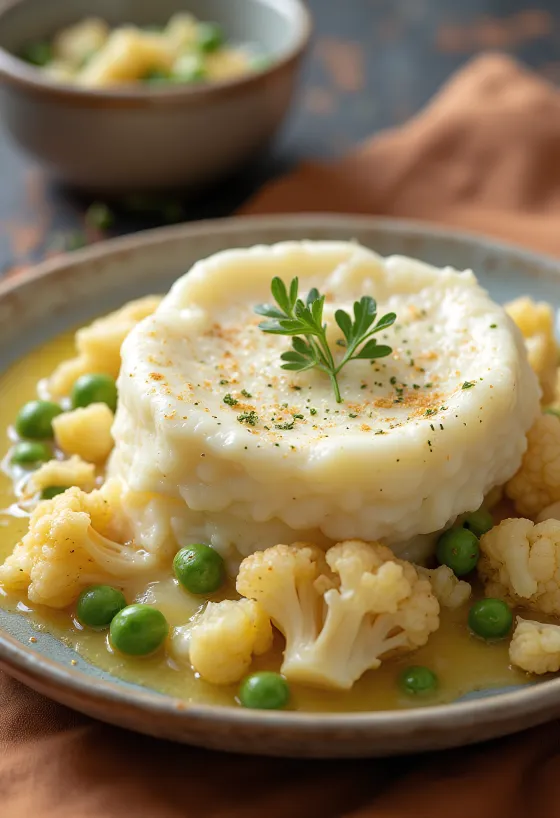 Fiskepie med blomkålsmos, gyldenbrun cremet kartoffel og fiskefyld