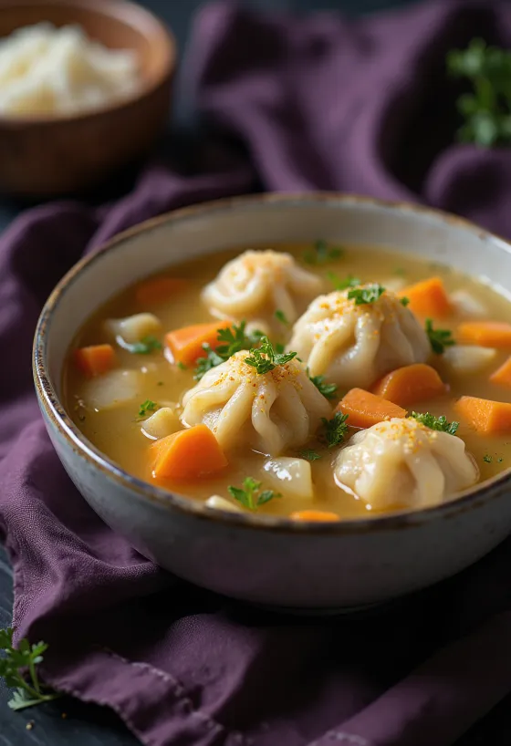 Varm bollesuppe med grøntsager og bløde hjemmelavede boller, serveret i en dyb tallerken.