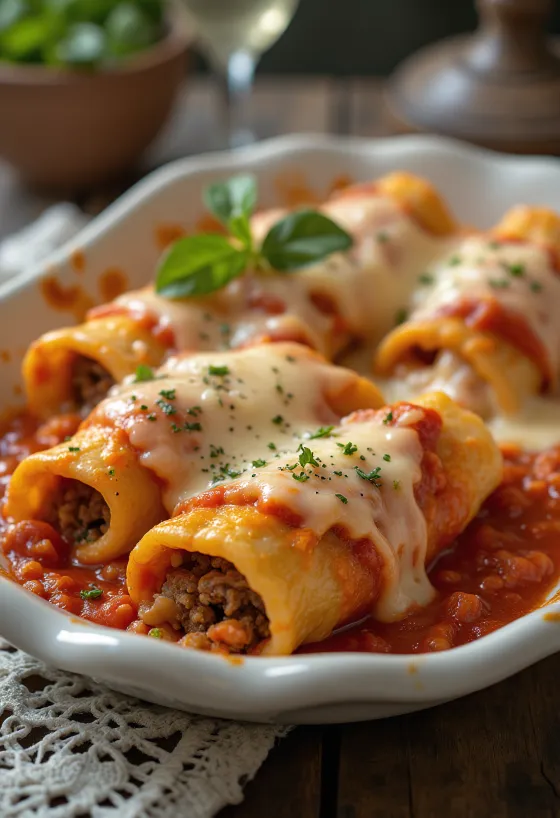 Kødfyldt cannelloni serveret med tomatsauce og smeltet ost