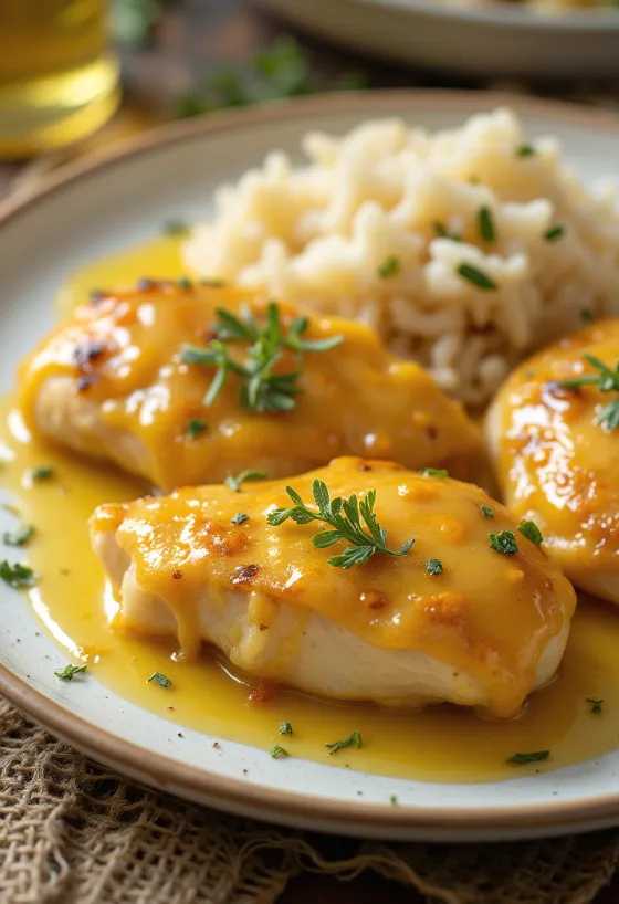 Saftigt honning-sennep kyllingebryst stegt sprødt, serveret med friske grøntsager.