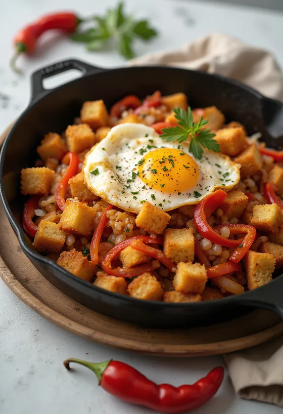 Migas med ristet peberfrugt, serveret med frisk persille