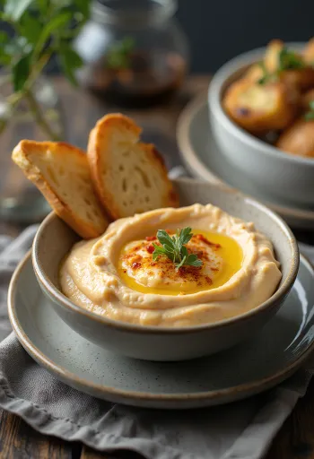 Auberginecreme med bagt peberfrugt serveret