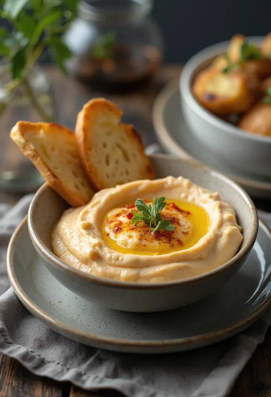 Auberginecreme med bagt peberfrugt serveret