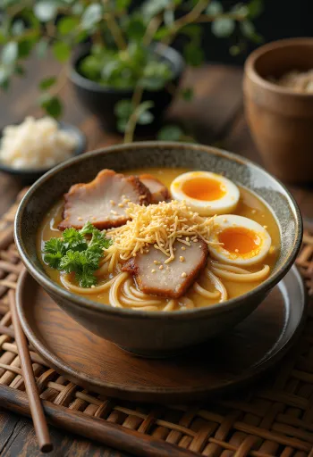 Sesame ramen med tahin, chashu kød og kogt æg, serveret med forårsløg