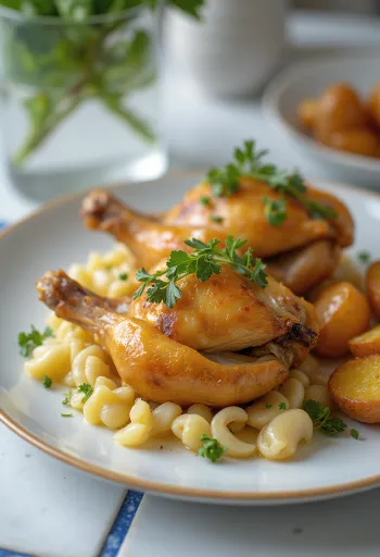 Stegt vagtel med krydderurter, sprødt skind og pyntet med citron