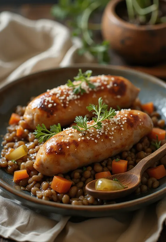Stegt pølse serveret med linser