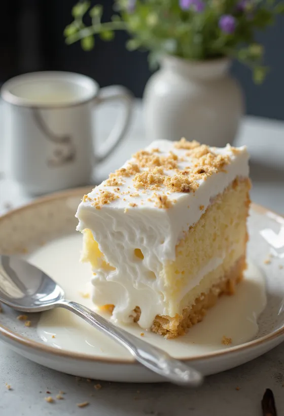 Tres leches med mælk, mælkevædet lagkagebund på en hvid tallerken