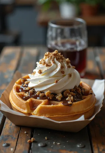 Gade-vaffel med chokoladesauce og flødeskum