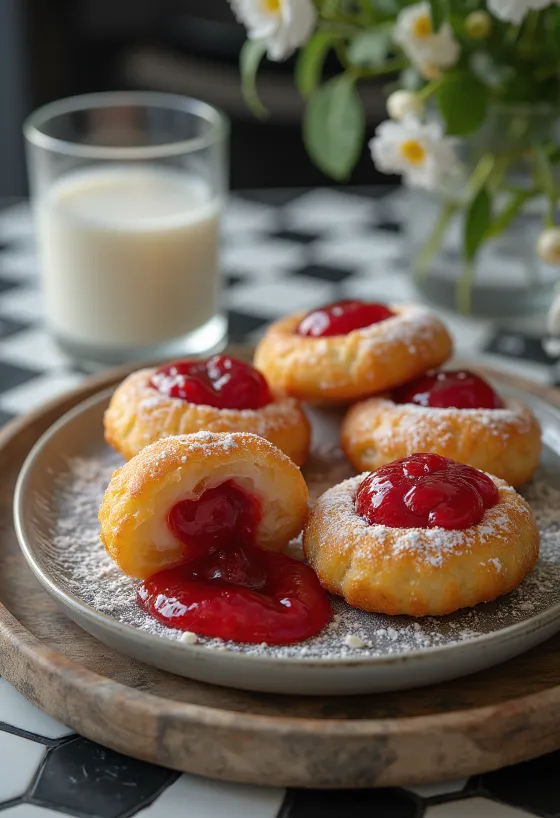 Zeppole fyldt med jordbærsyltetøj, drysset med flormelis, serveret på et rustikt fad