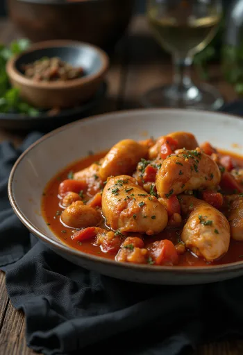 Cacciatore med pølse, kyllingekød og rød peber, pyntet med frisk oregano
