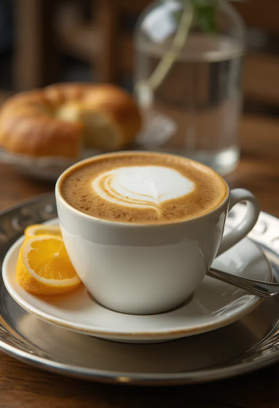 Kanel-ingefær latte kaffedrik pyntet med kanelstang og ingefær