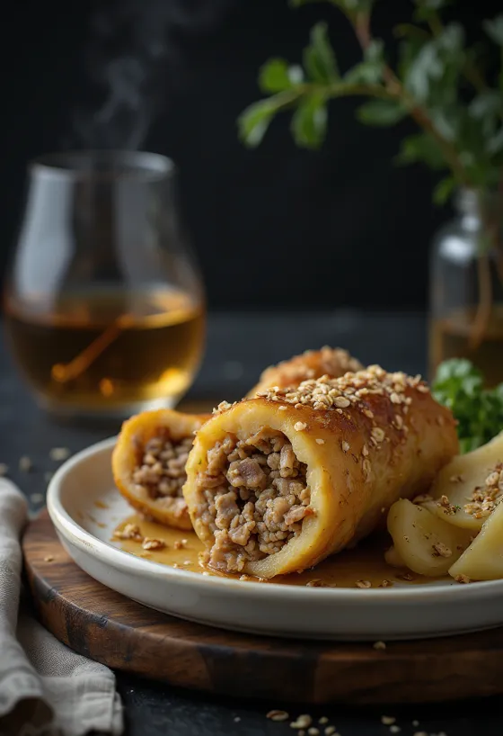 Haggis serveret med kogte kartofler og majroer