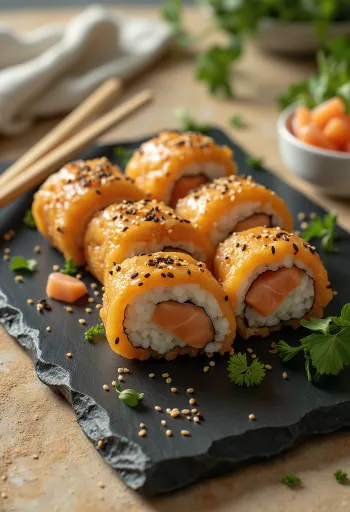 Inarizushi med misolaks, serveret med frisk koriander og sesamfrø