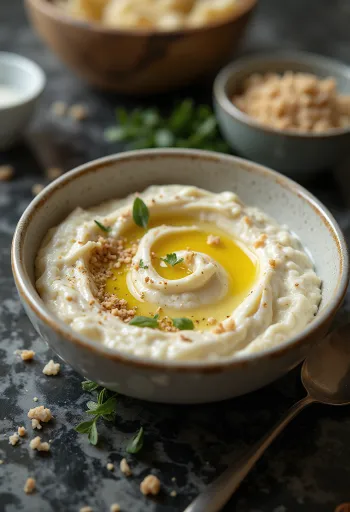 Auberginecreme med tahindressing serveret