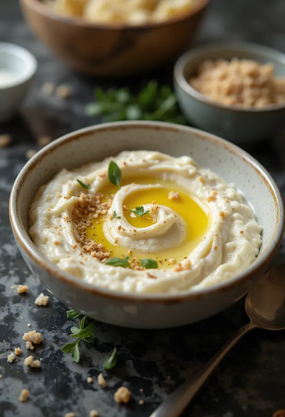 Auberginecreme med tahindressing serveret